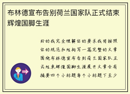 布林德宣布告别荷兰国家队正式结束辉煌国脚生涯